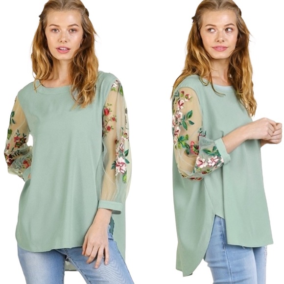 Umgee Embroidered Floral Semi-sheer Mesh Sleeve Top in Dusty Mint - S - Picture 2 of 14